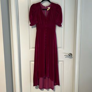 Hot Pink Velvet Midi Evening Dress with Puff Sleeves and Hi-Low Hem Size XS